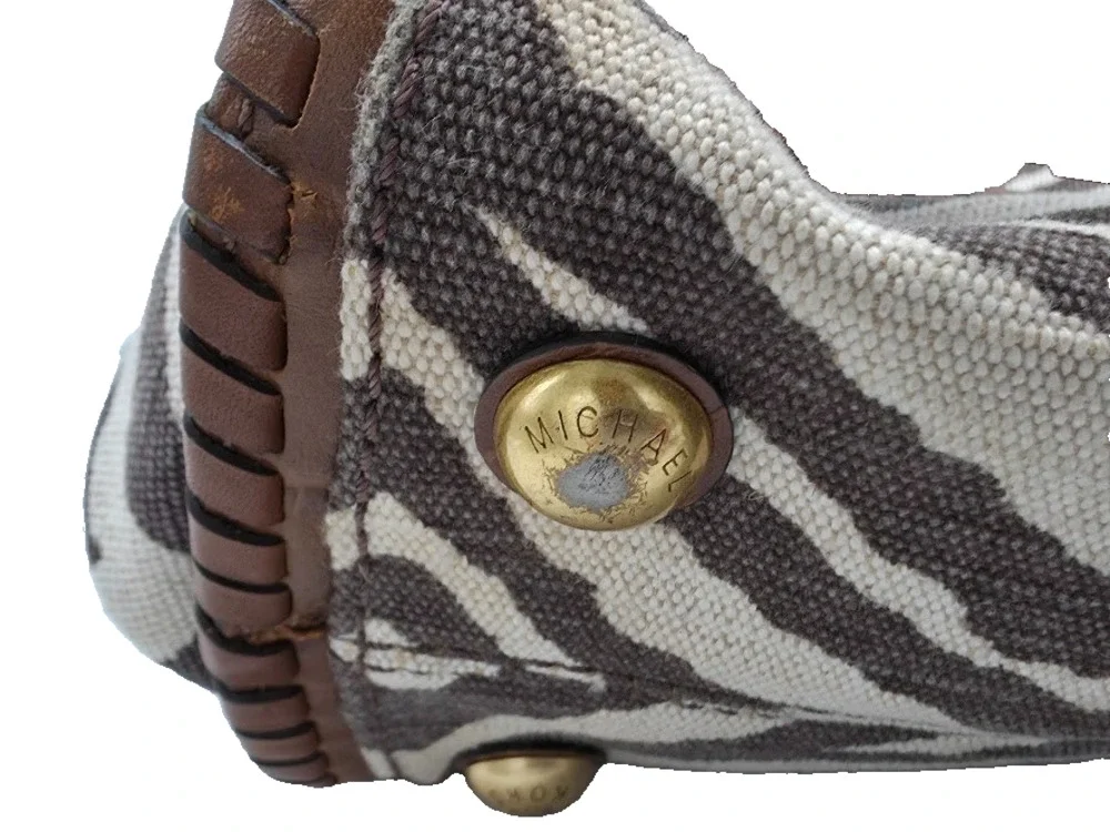 Michael Kors Hamilton Whipped Zebra Canvas Satchel Bag Brown Croc Leather Gold